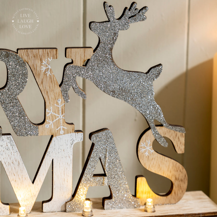 Wooden "Merry Christmas" LED Mantel Sign – Silver