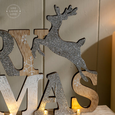 Wooden "Merry Christmas" LED Mantel Sign – Silver