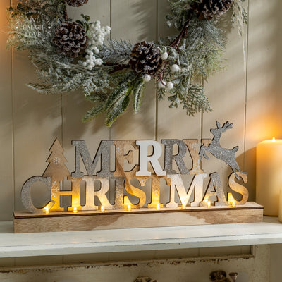 Wooden "Merry Christmas" LED Mantel Sign – Silver