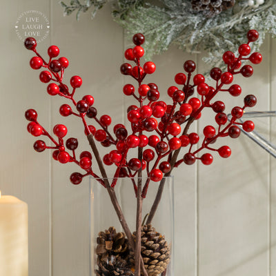 Faux Red Berry Stems Set of 3 – Natural & Frosted Decorative Picks