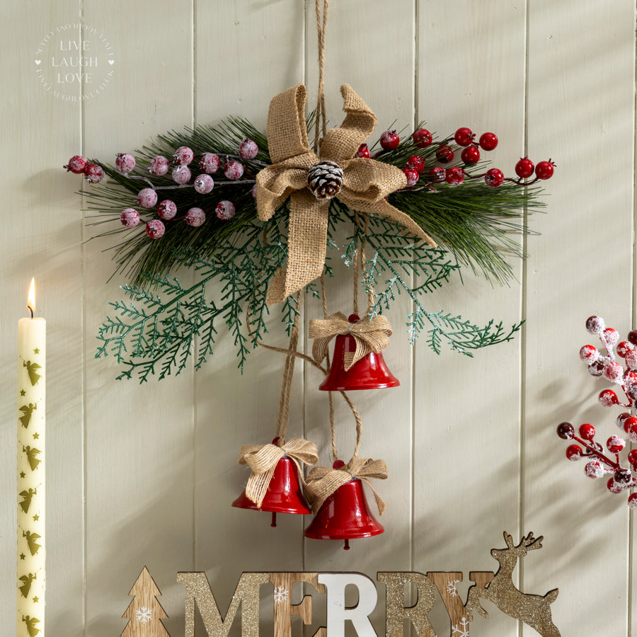 Rustic Christmas Hanging Decoration with Bells and Burlap Bow