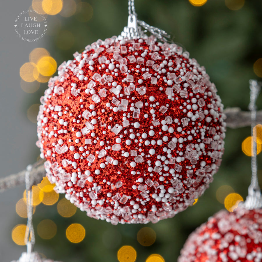 Set Of 3 Red Snow Sparkle Bauble – Festive Christmas Ornament