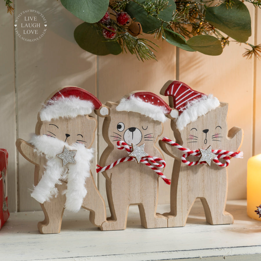 Festive Wooden Cat Ornament Trio