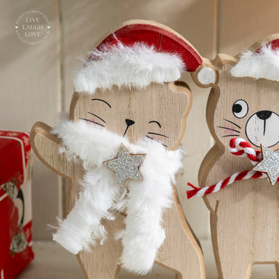 Festive Wooden Cat Ornament Trio