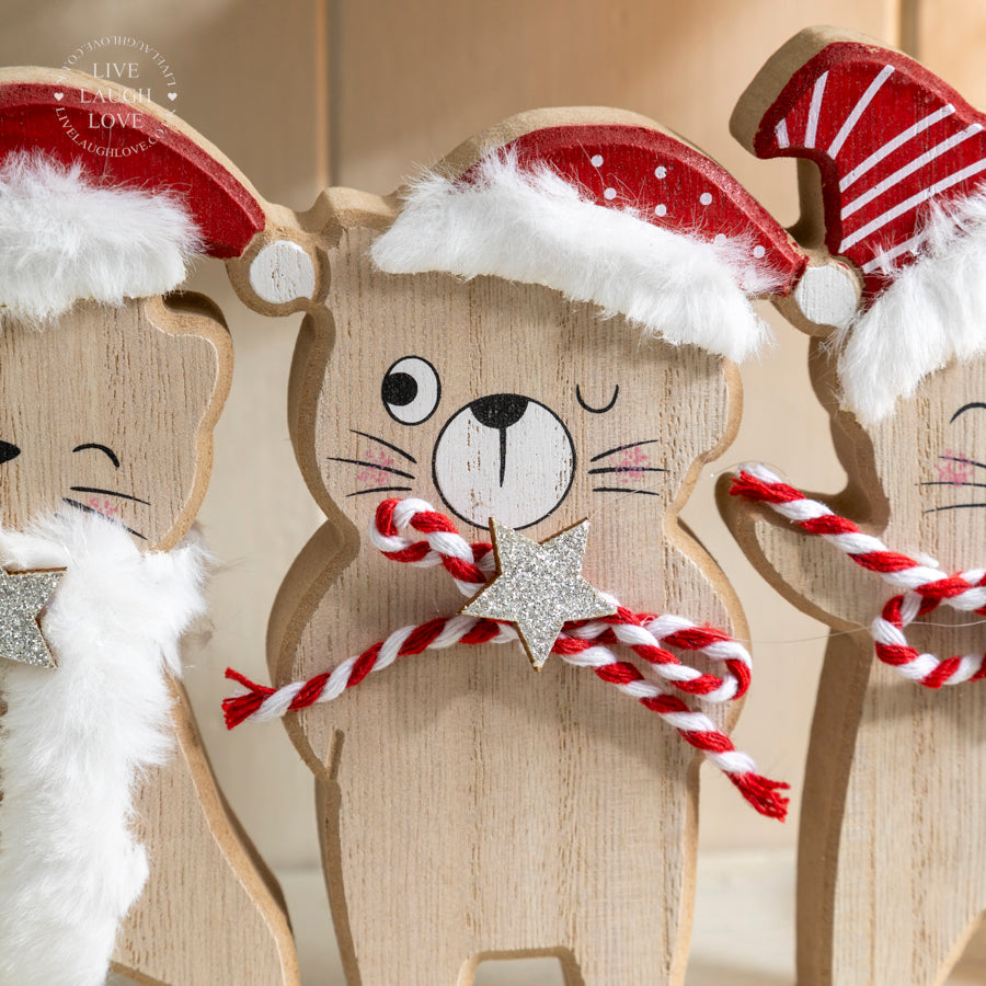 Festive Wooden Cat Ornament Trio