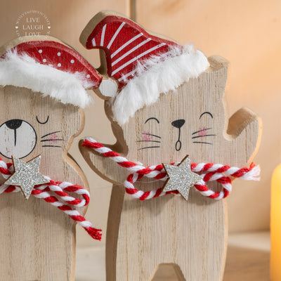 Festive Wooden Cat Ornament Trio