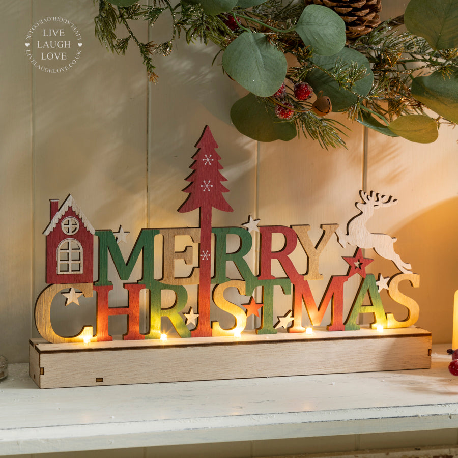 LED "Merry Christmas" Wooden Mantel Sign with Reindeer and Tree