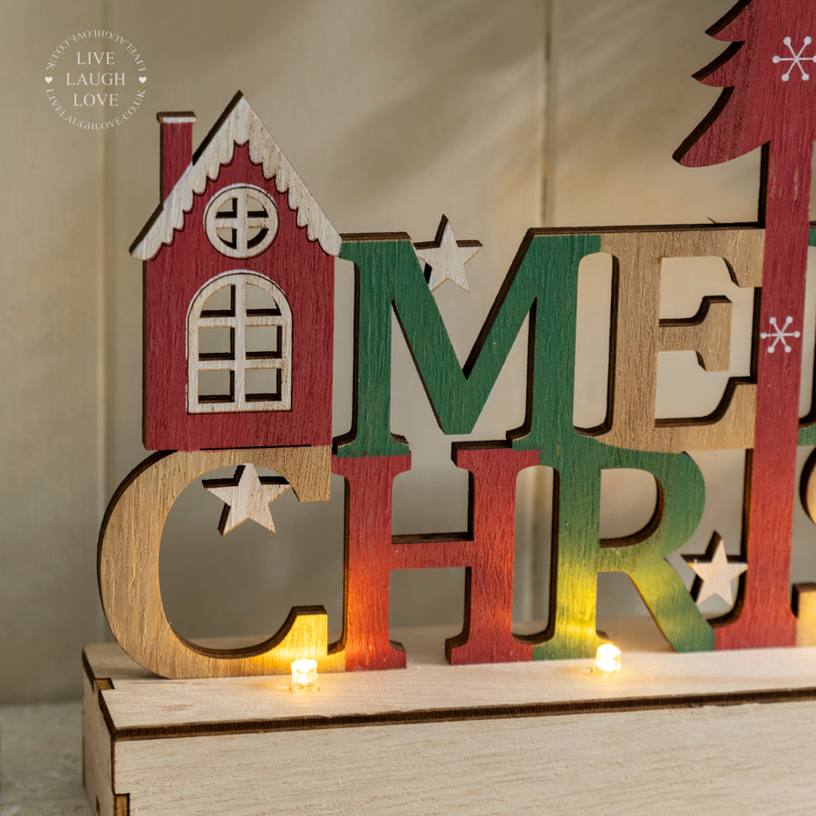 LED "Merry Christmas" Wooden Mantel Sign with Reindeer and Tree