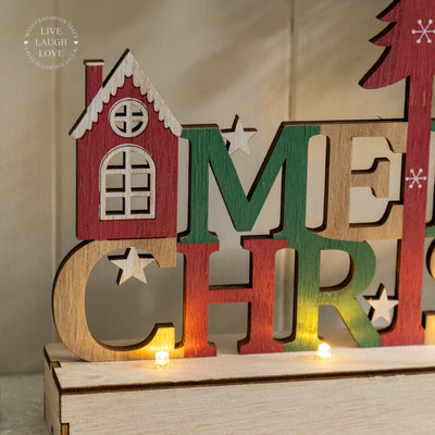 LED "Merry Christmas" Wooden Mantel Sign with Reindeer and Tree