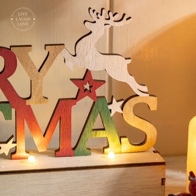 LED "Merry Christmas" Wooden Mantel Sign with Reindeer and Tree