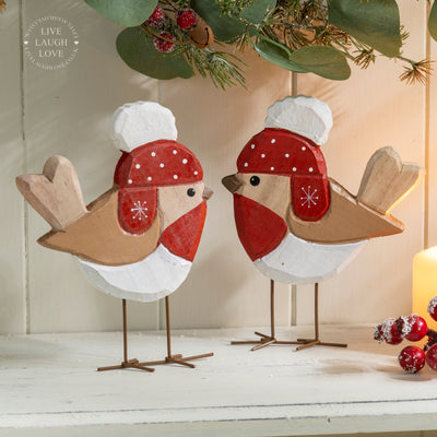 Festive Robin Ornament with Red Hat - Pair