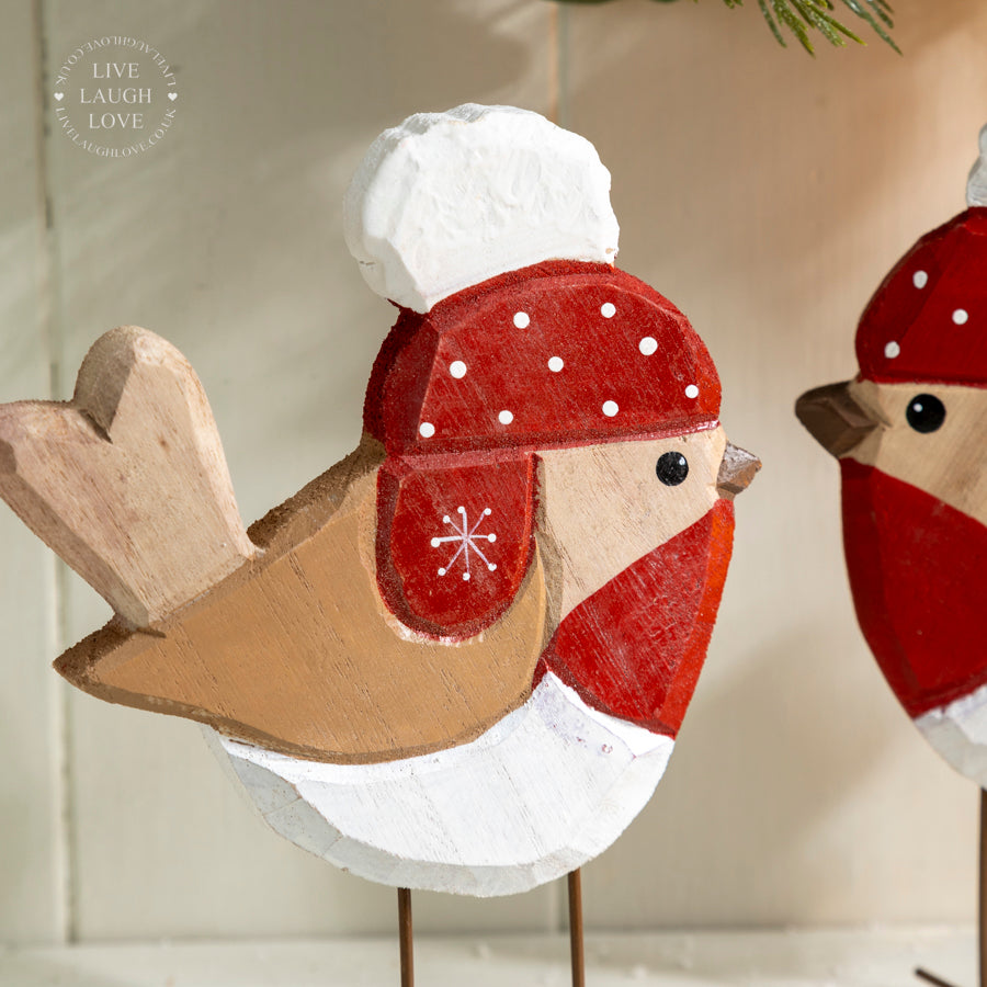 Festive Robin Ornament with Red Hat - Pair