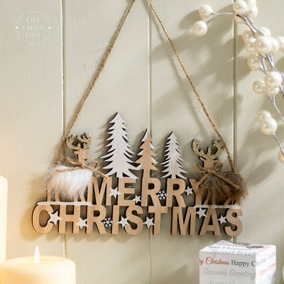 Wooden "Merry Christmas" Hanging Sign with Reindeer and Trees