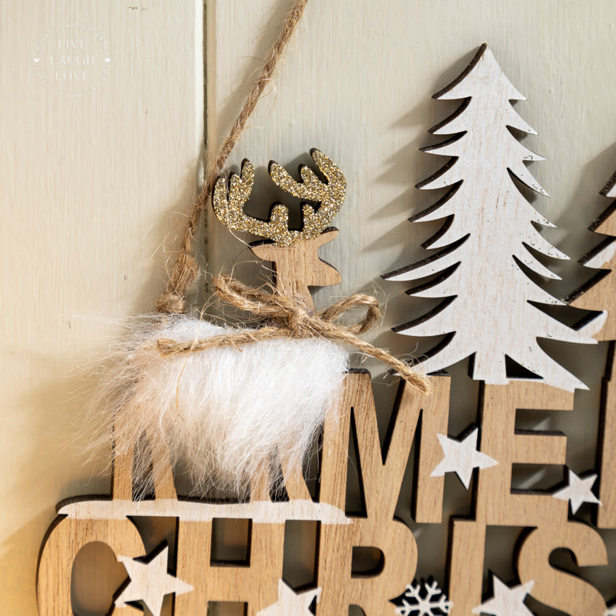 Wooden "Merry Christmas" Hanging Sign with Reindeer and Trees