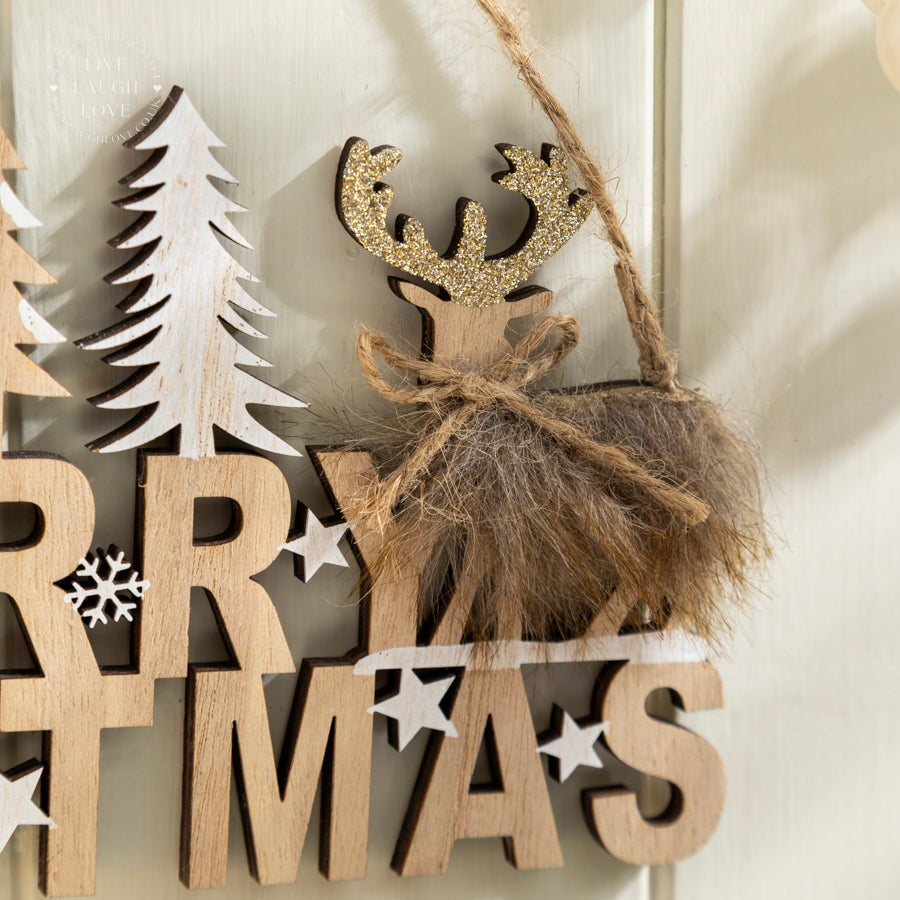 Wooden "Merry Christmas" Hanging Sign with Reindeer and Trees