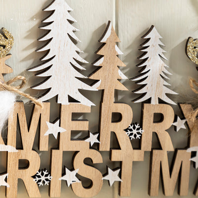 Wooden "Merry Christmas" Hanging Sign with Reindeer and Trees