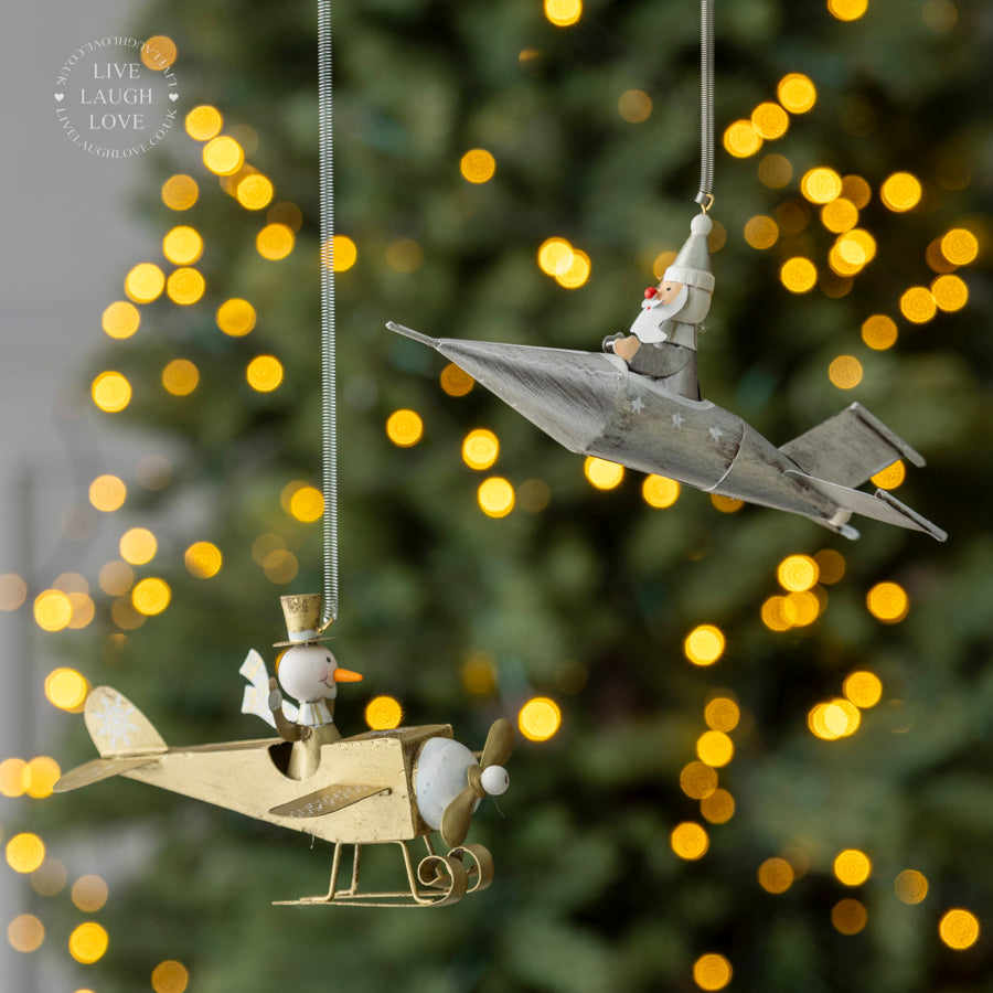 Festive Spring-Loaded Hanging Decorations - Snowman in Plane or Santa in Rocket Ornaments