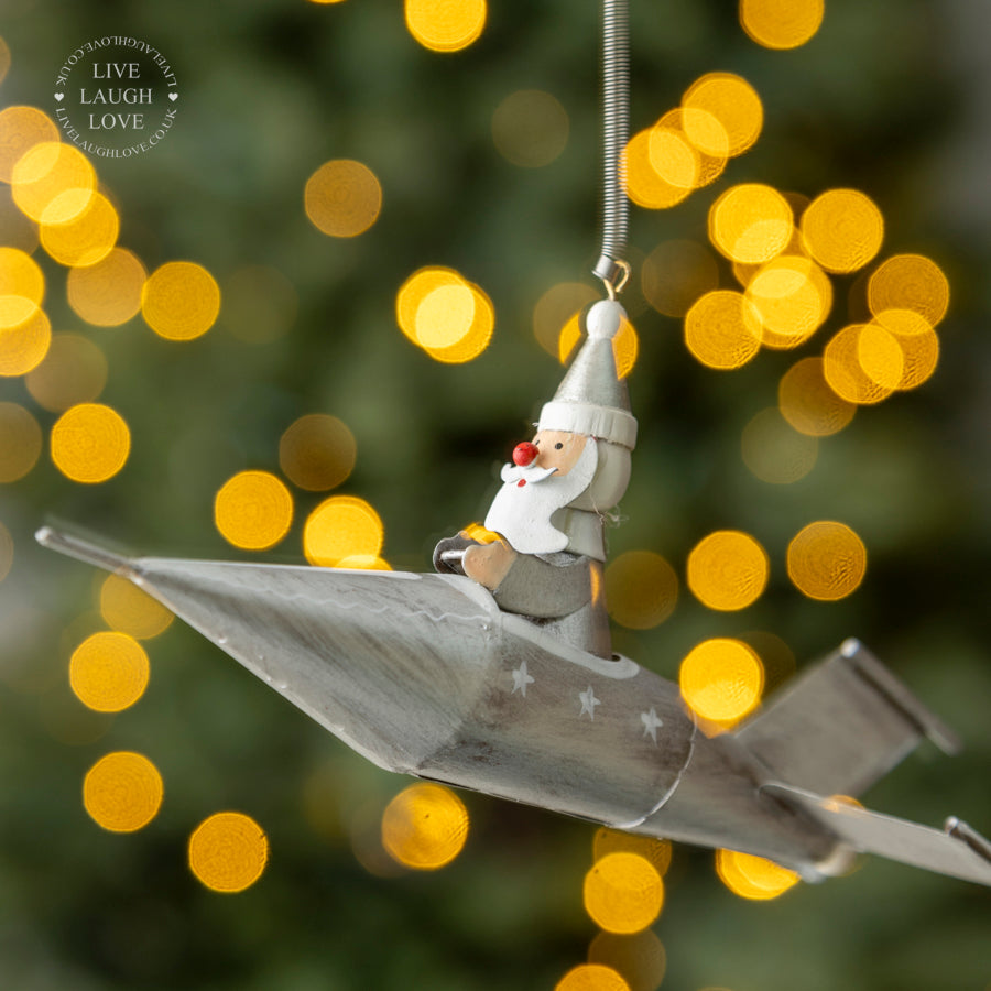 Festive Spring-Loaded Hanging Decorations - Snowman in Plane or Santa in Rocket Ornaments