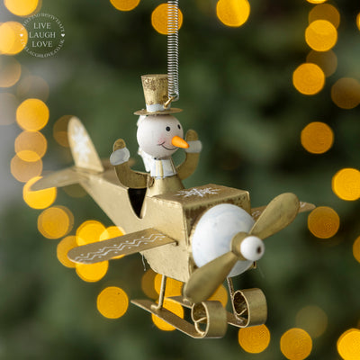 Festive Spring-Loaded Hanging Decorations - Snowman in Plane or Santa in Rocket Ornaments