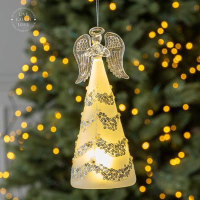 LED Glass Angel Tree Ornament with Glitter Details