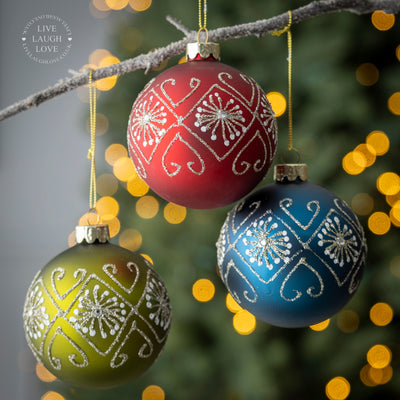 Decorative Christmas Baubles with Glitter Design Set of 3