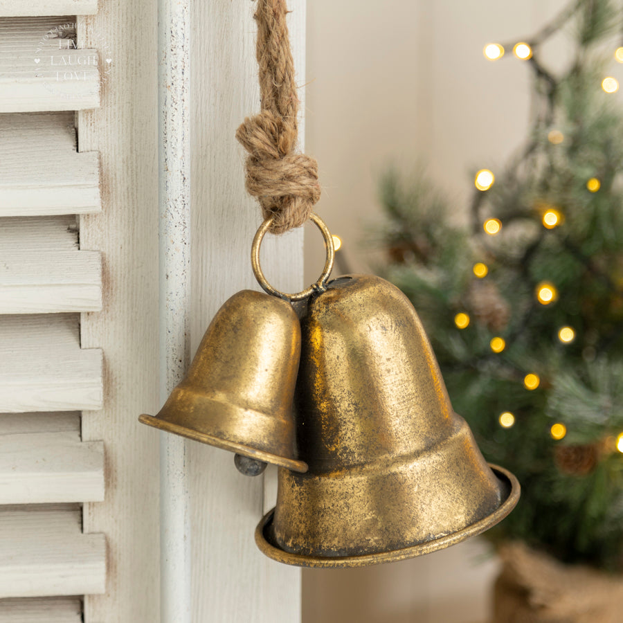 Rustic Brass Christmas Bells with Rope Hanger - Festive Holiday Decor