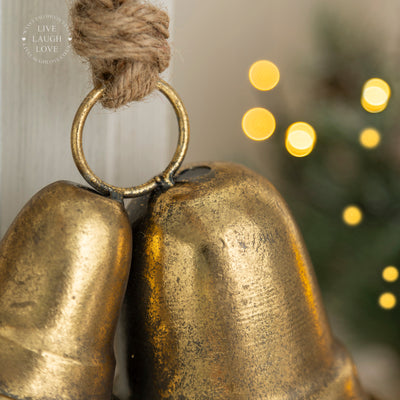 Rustic Brass Christmas Bells with Rope Hanger - Festive Holiday Decor