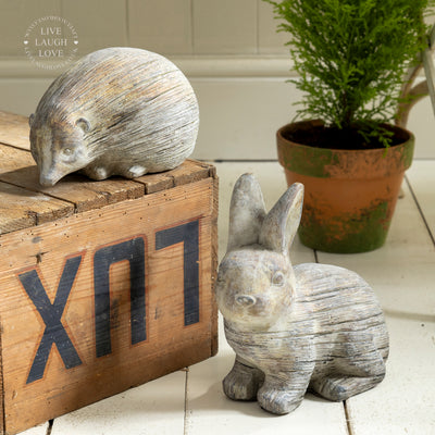 Concrete Hedgehog and Rabbit Sculptures – Whimsical Garden Accents