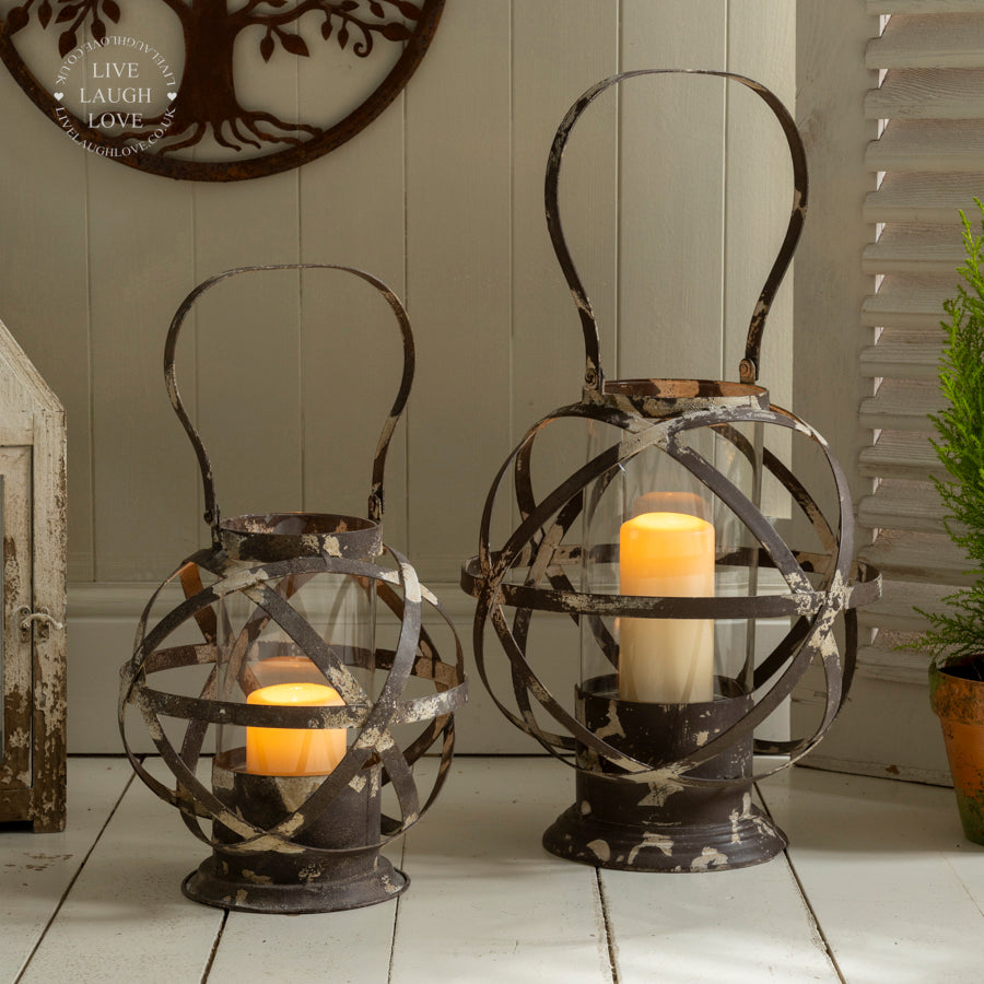 Distressed Metal Candle Lantern – Rustic Orb Design