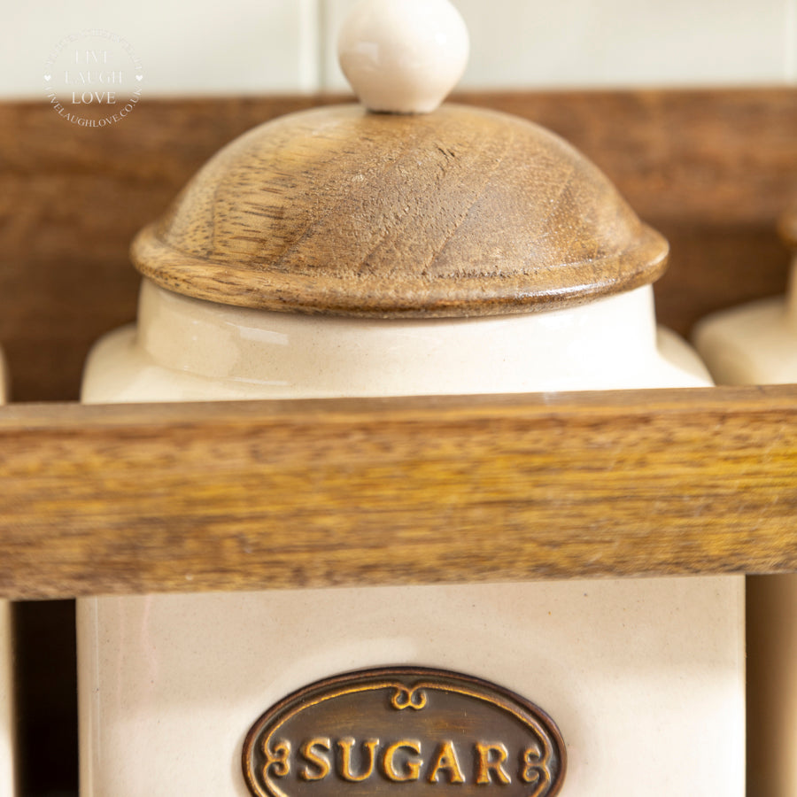 Wooden Shelf with Ceramic Canisters & Kitchen Roll Holder