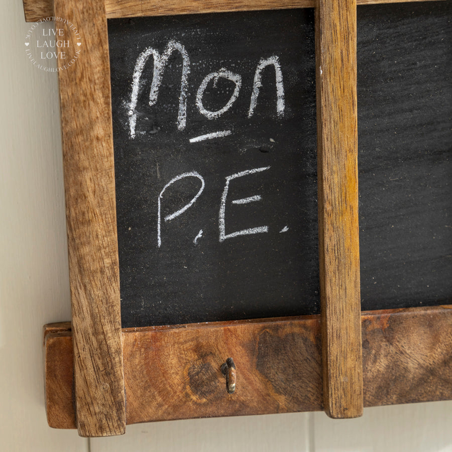 Rustic Wooden Weekly Planner with Chalkboard and Key Hooks - Wall Organizer