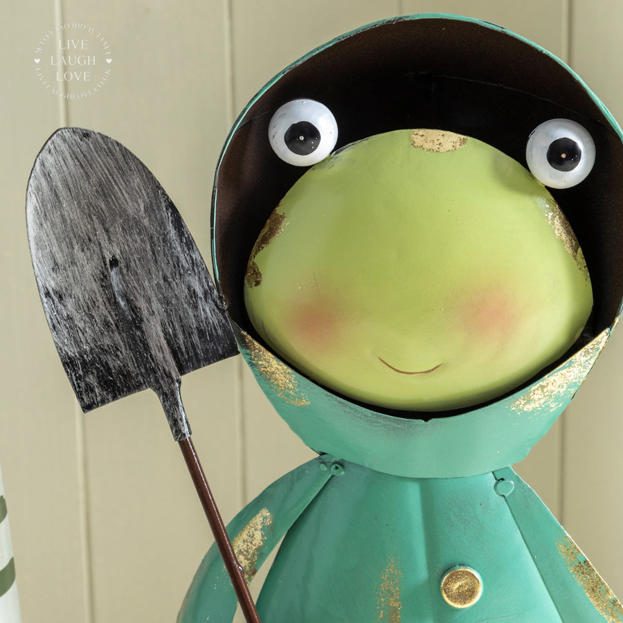 Quirky Metal Frog Figure with Umbrella & Spade – Garden Decor