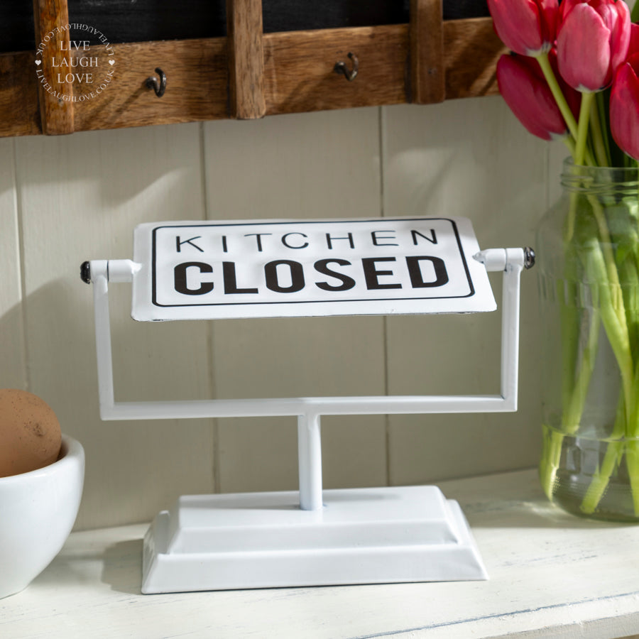 Reversible Kitchen Sign – Open & Closed | Vintage Style White Countertop Display