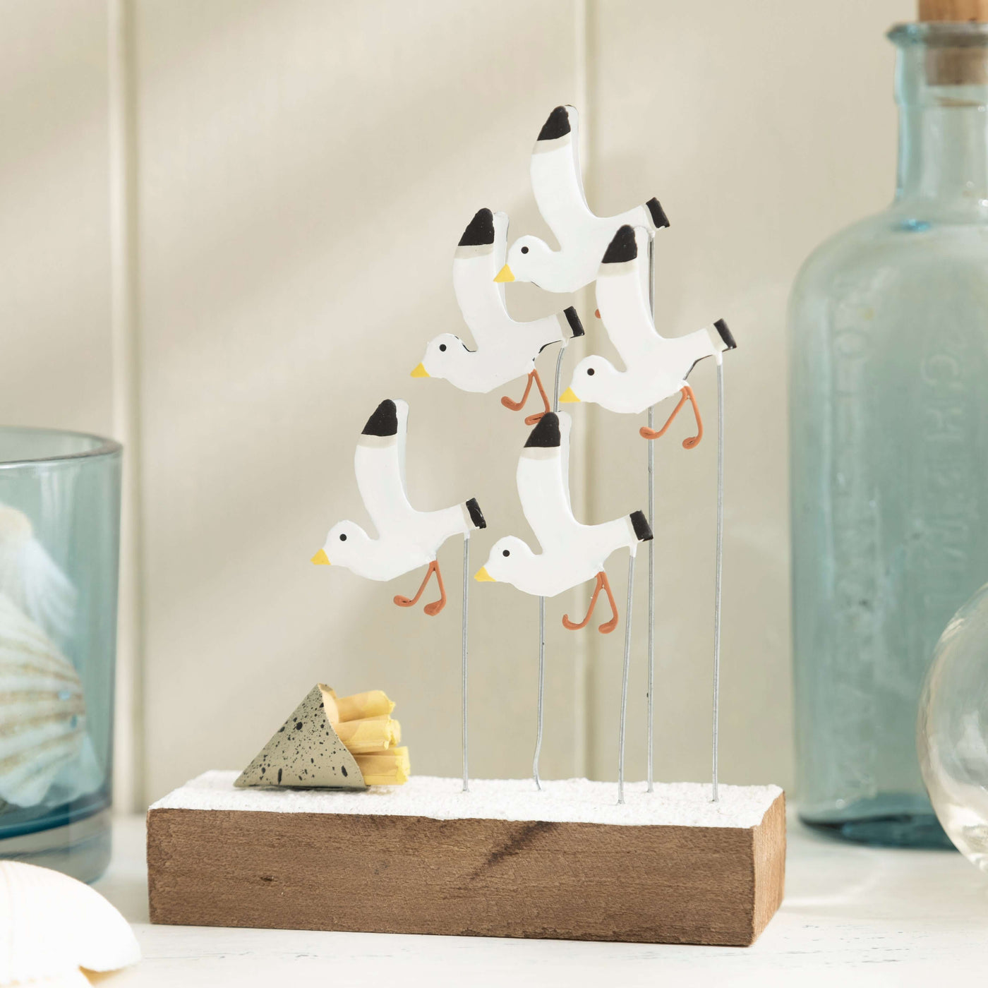 Flock of Seagulls Swooping for Chips – Coastal-Inspired Figurine Display