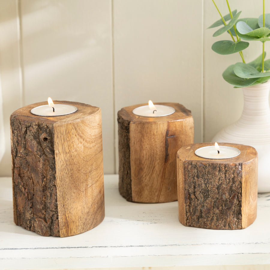 Natural Wooden Tea Light Holders with Bark Edge Detail