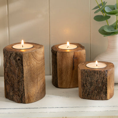 Natural Wooden Tea Light Holders with Bark Edge Detail