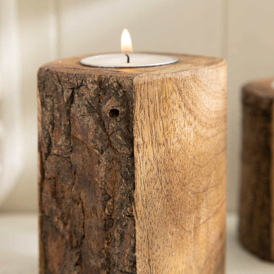 Natural Wooden Tea Light Holders with Bark Edge Detail