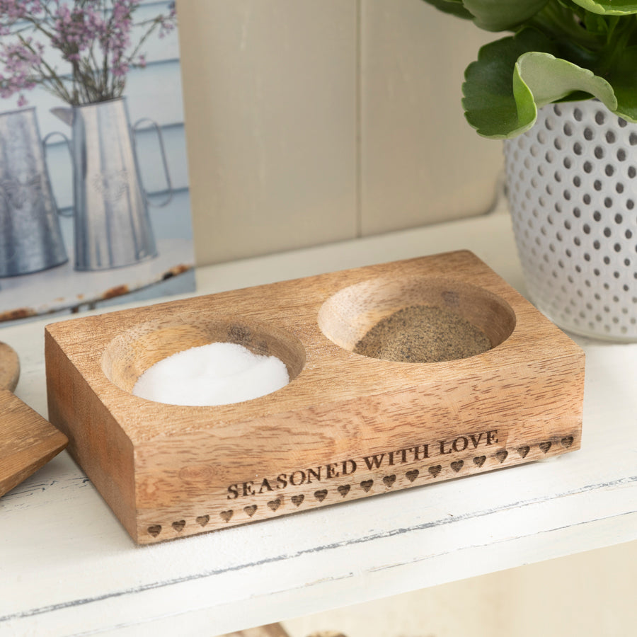 Rustic Wooden Salt & Pepper Holder - "Seasoned with Love" Engraving