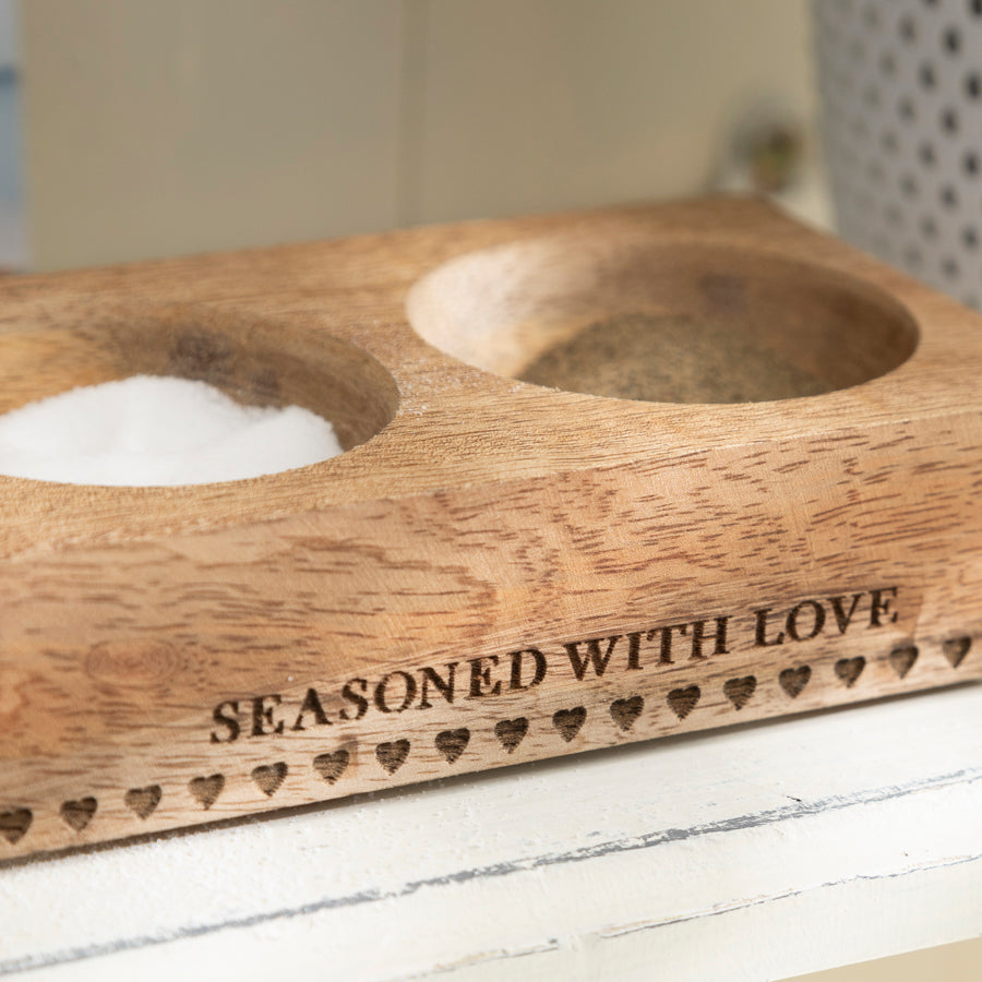 Rustic Wooden Salt & Pepper Holder - "Seasoned with Love" Engraving