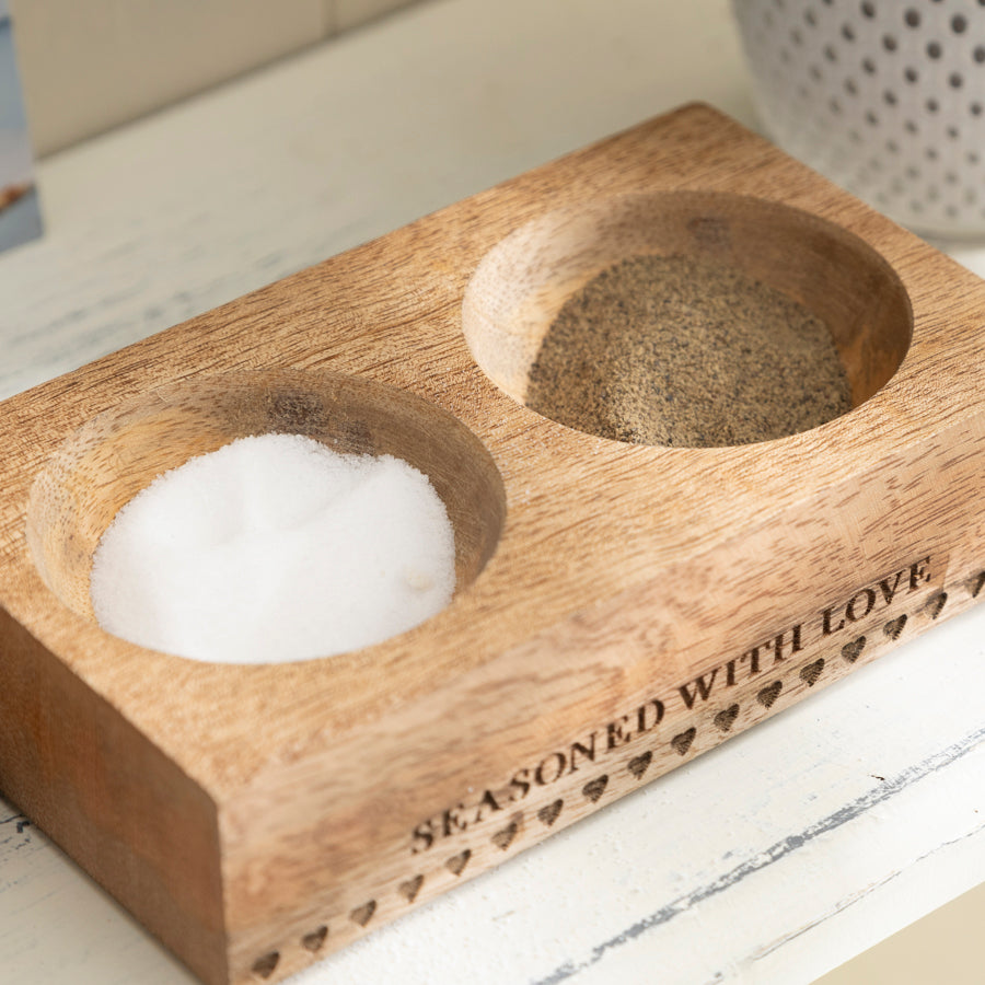 Rustic Wooden Salt & Pepper Holder - "Seasoned with Love" Engraving