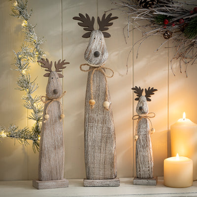 Rustic Wooden Reindeer Ornaments with Antler Detail - Festive Shelf Sitter