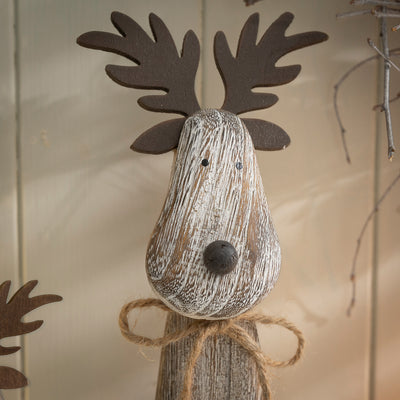 Rustic Wooden Reindeer Ornaments with Antler Detail - Festive Shelf Sitter