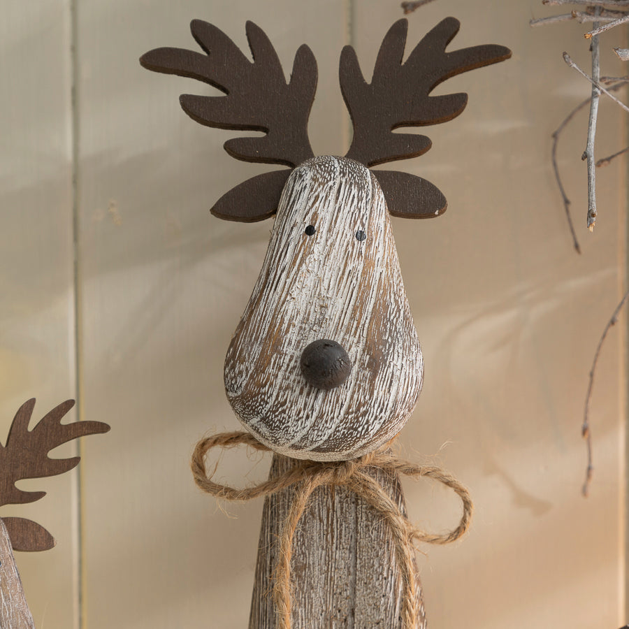 Rustic Wooden Reindeer Ornaments with Antler Detail - Festive Shelf Sitter