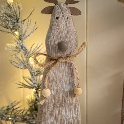 Rustic Wooden Reindeer Ornaments with Antler Detail - Festive Shelf Sitter