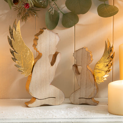 Wooden Angel Figurine with Gold Wings - Christmas Decor