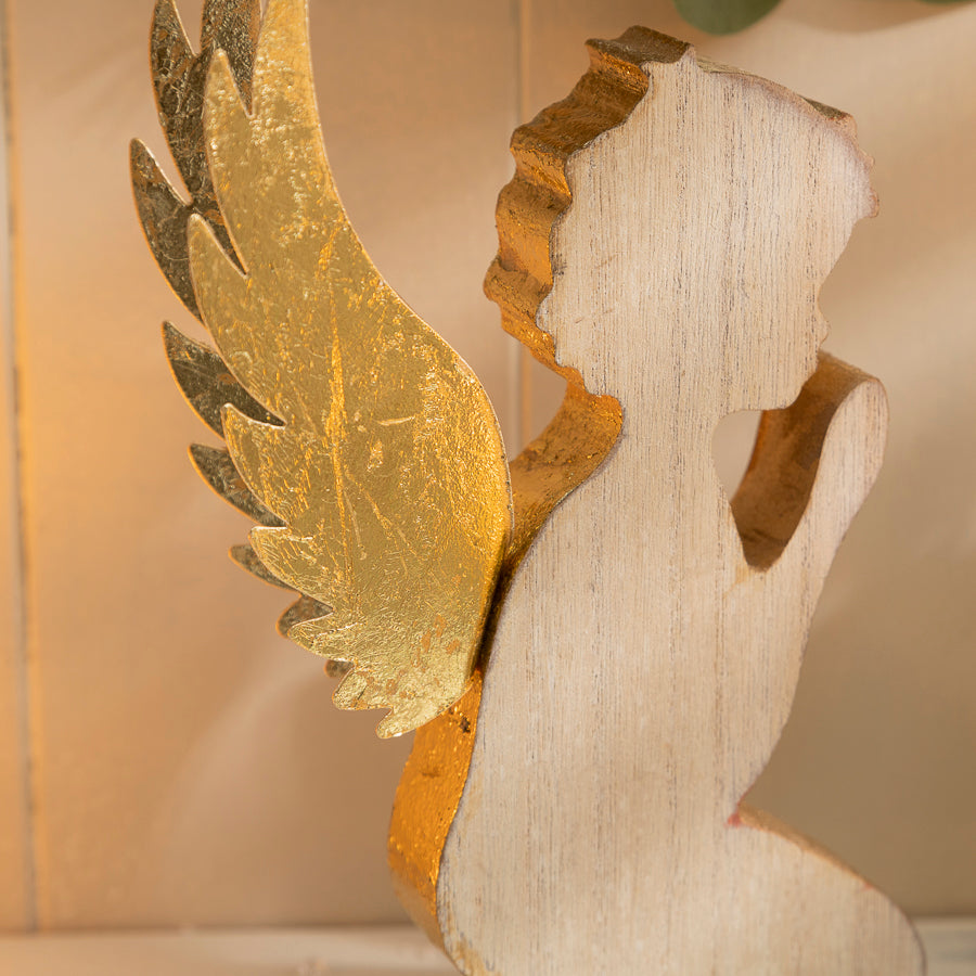 Wooden Angel Figurine with Gold Wings - Christmas Decor