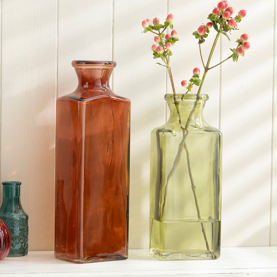 Square Glass Bottle Vases – Coral and Green Set of 2