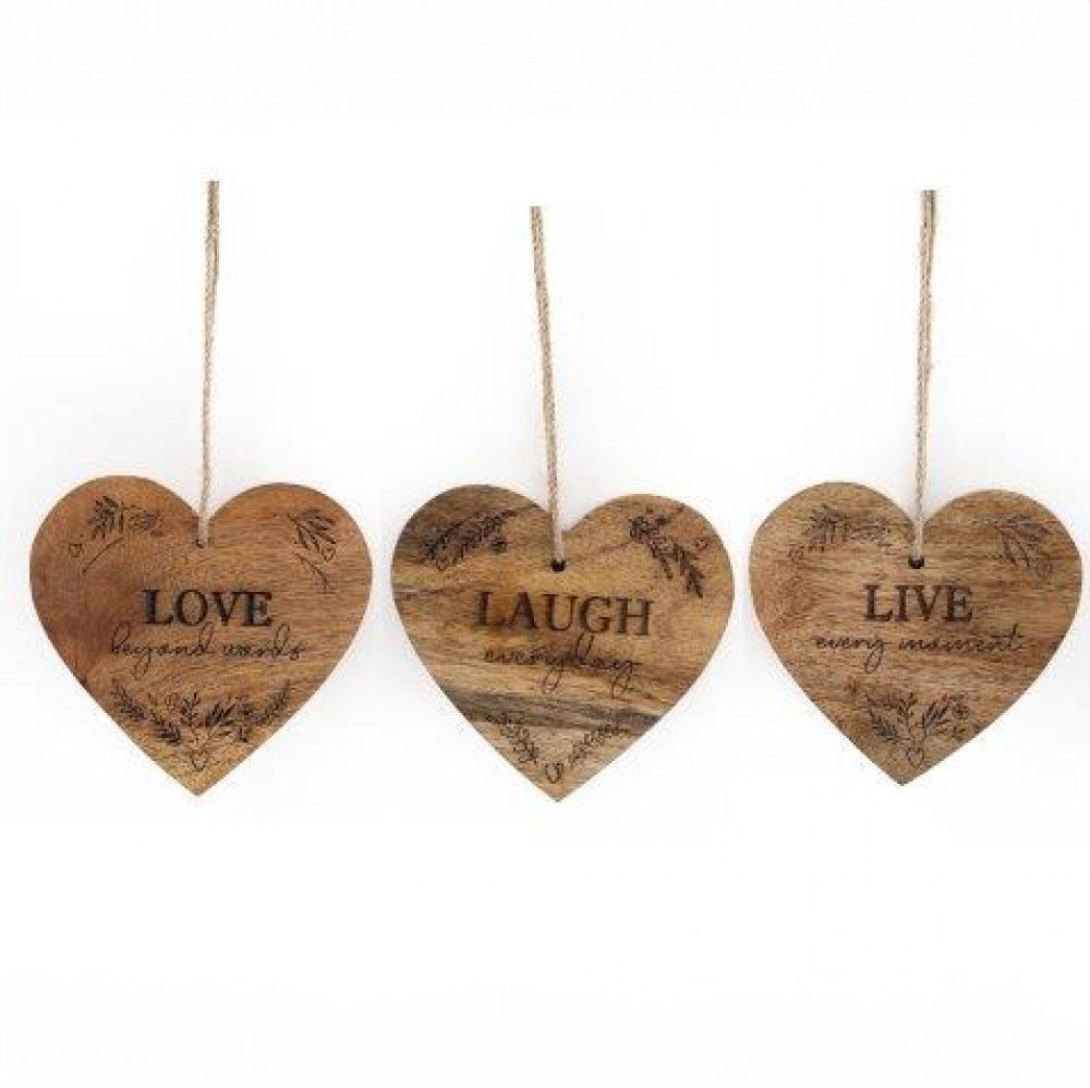 Set of 3 Engraved Wooden Heart Hanging Plaques - "Live, Laugh, Love"