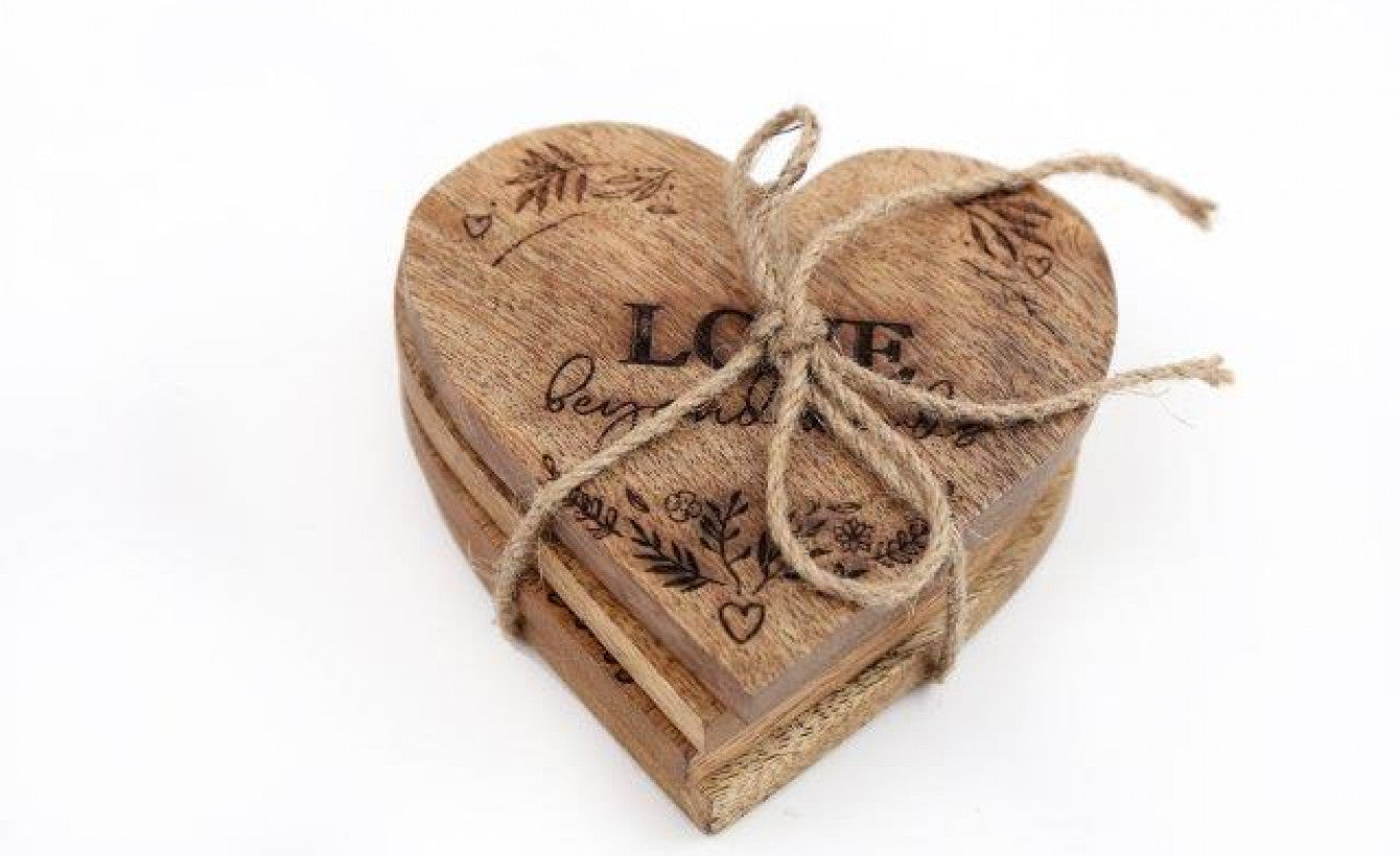 Set of 4 Engraved Wooden Heart Coasters - "Live, Laugh, Love, Happiness"