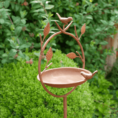 Rustic Metal Bird Feeder on a Stake with Leaves and Birds Detail